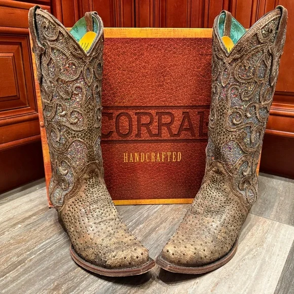 Corral Boots C3467 Cognac Purple Glitter Inlay Stud Cowboy Rodeo Cowgirl Boots 7